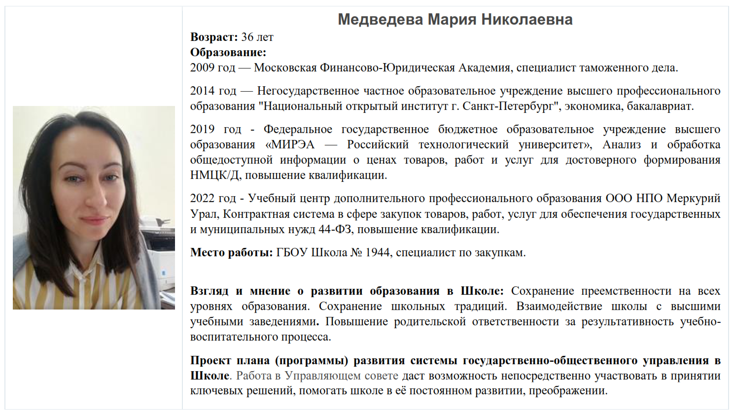 Новый кандидат от родителей в УС Школы №1944 - Медведева Мария Николаевна,  ГБОУ Школа № 1944, Москва